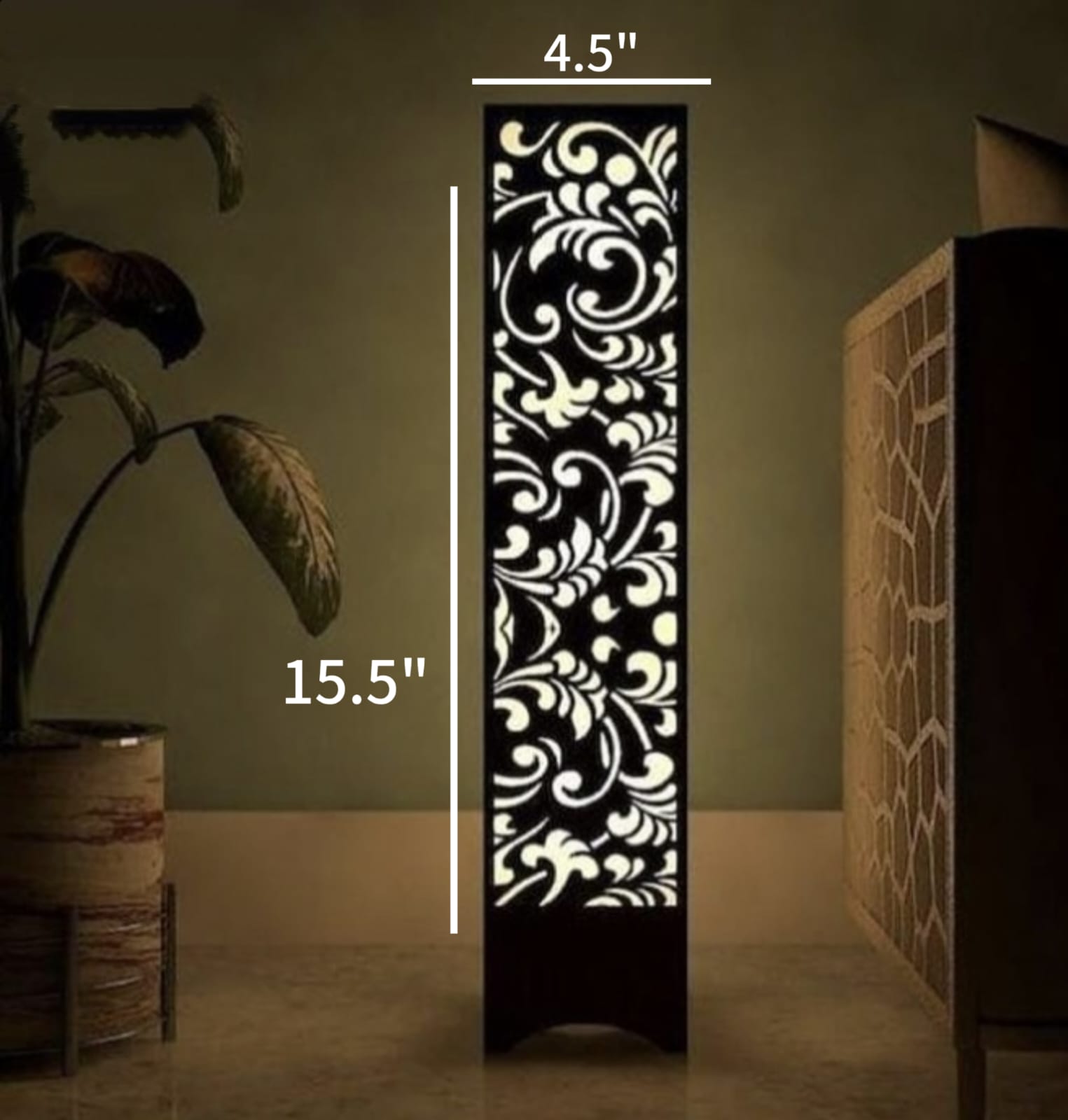 Modern Floral Cutout LED TableLamp – Wooden Vertical Pillar Standing Lamp Light