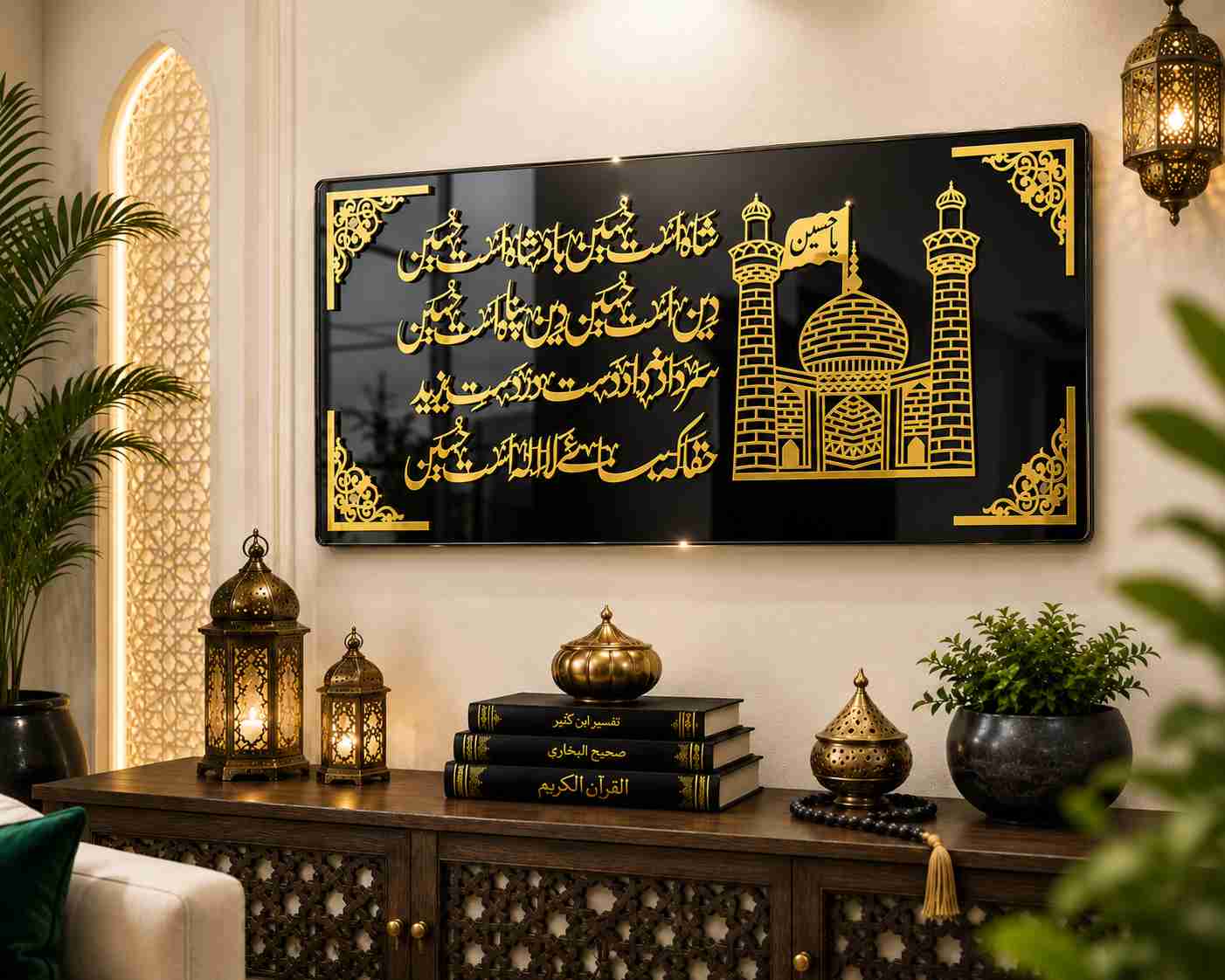 Ya Hussain Islamic Calligraphy with Shrine Design – Black & Golden Acrylic Premium Islamic Wall Art By Glow Space